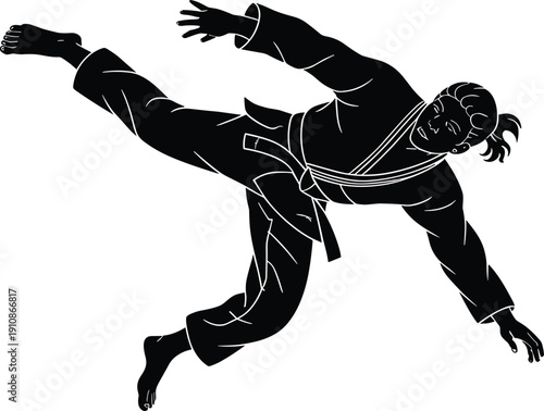 Black Silhouette Illustration of a Martial Artist Performing a Dynamic Mid-Air Jump Kick Technique Isolated on White
