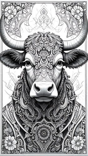 Highly detailed grayscale image of a bull with ornate decorations and floral accents