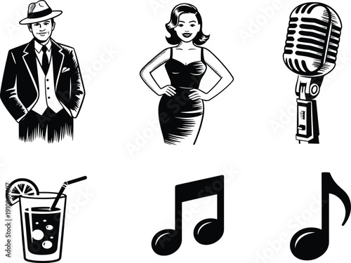 Vintage jazz club vector icons, retro singer and musician with microphone and music notes set