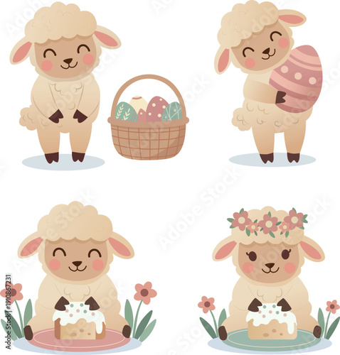 Easter Lamb Character Set with Basket, Kulich Cake and Eggs – Cute Spring Vector Clipart Collection