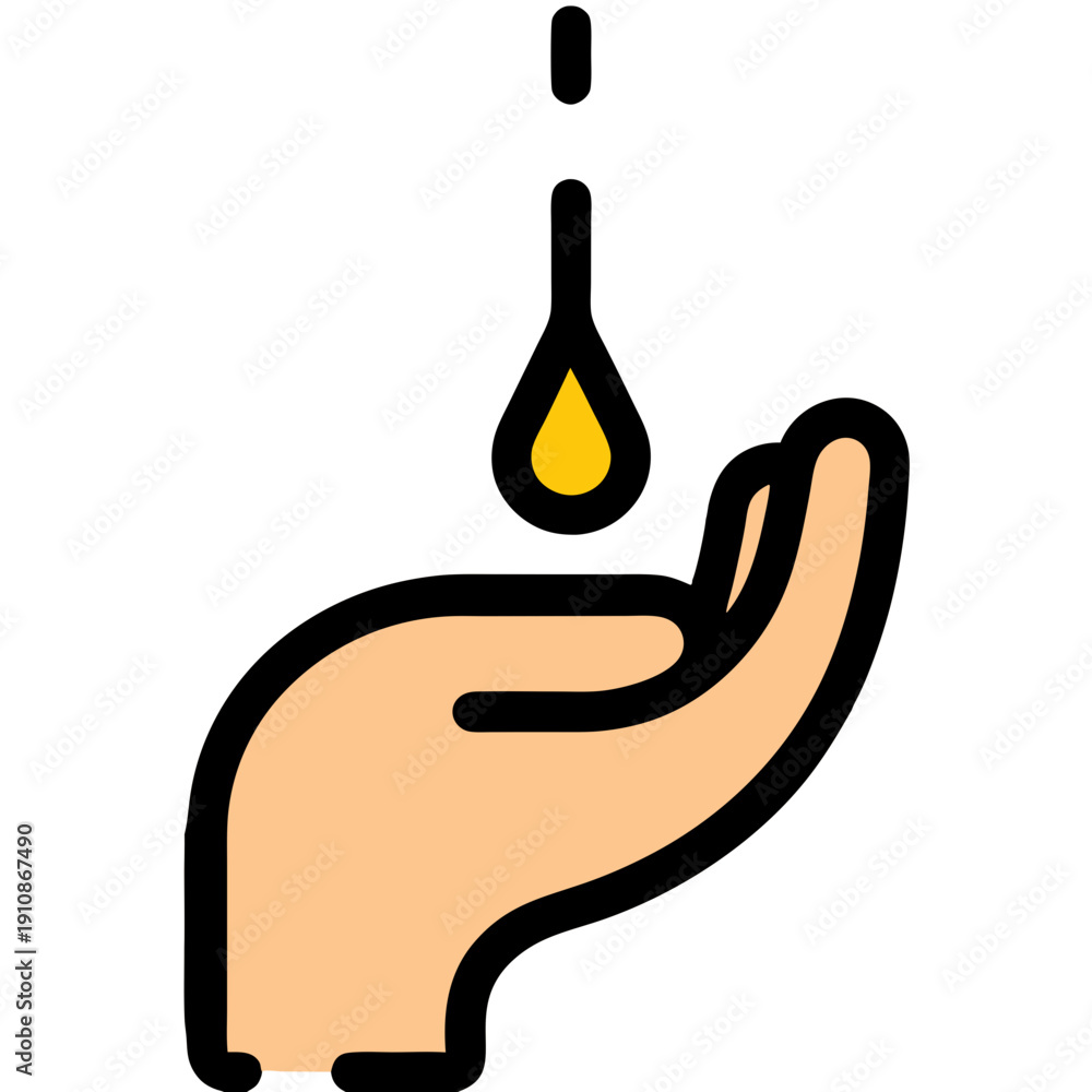 Obraz premium Hand Catching Golden Liquid Drop Vector Illustration - Flat Style Graphic for Hygiene, Health, Skincare, Natural Resource, or Essential Oil Concepts