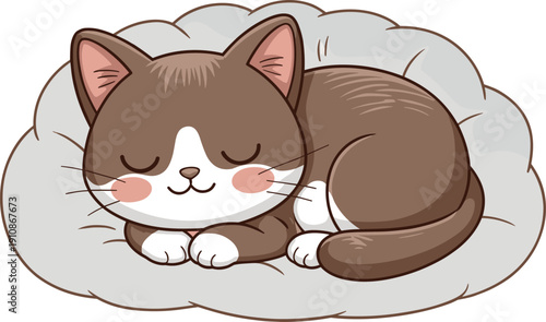 Cute Brown Cat Sleeping on Fluffy Cushion, Kawaii Kitten Character Vector Illustration