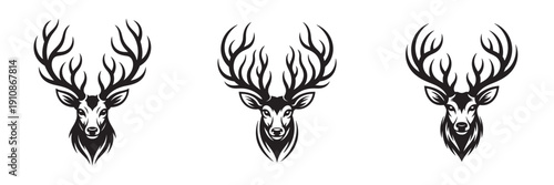 Three stylized deer heads with majestic antlers in a graphic illustration style.