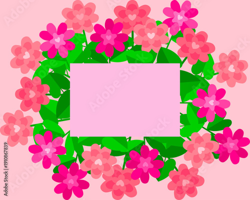 Charming flower-themed, love-inspired illustrations in pink shades featuring a floral border and text placeholder. Ideal elements for Valentine’s Day designs, love graphics, greeting and holiday cards