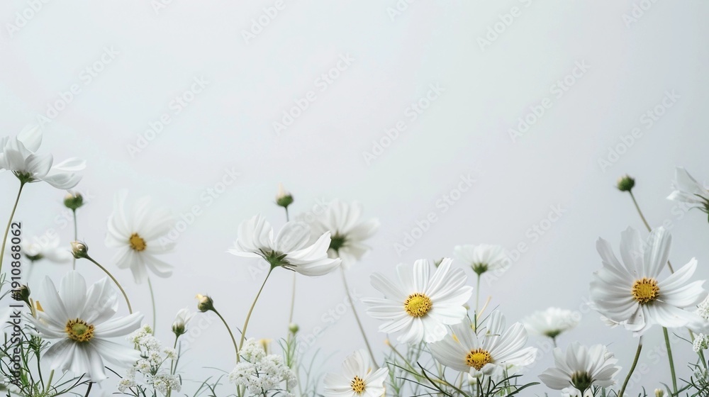 Fototapeta premium flowers arranged along the bottom edge of a wide frame, large clean copy space above, soft natural light