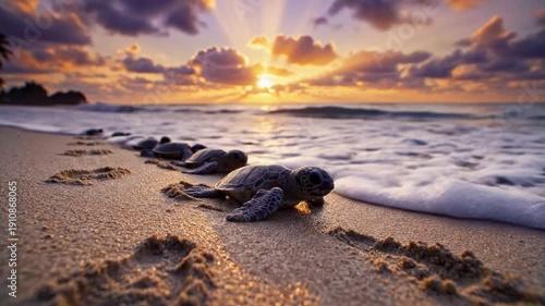 Sunrise Turtle's Journey: A group of baby sea turtles embark on their inaugural journey towards the ocean, guided by the radiant glow of the sunrise on a sandy beach.