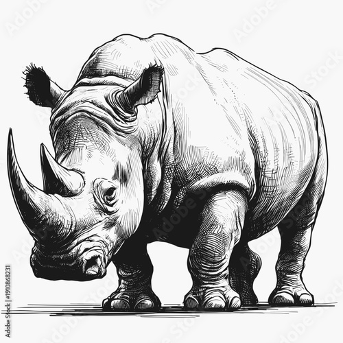 The Mighty Guardian Rhinoceros line art drawing sketch vector hand drawn illustration