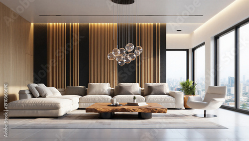 Foto Modern luxury living room interior with large windows and sectional sofa