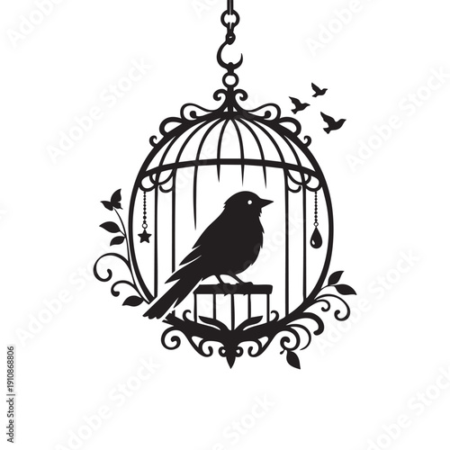 Bird in cage silhouette vector illustration