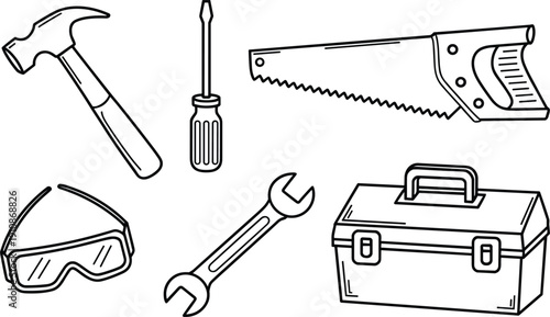 Industrial handyman tool vector set with hammer, screwdriver, saw, wrench, toolbox and safety goggles illustration
