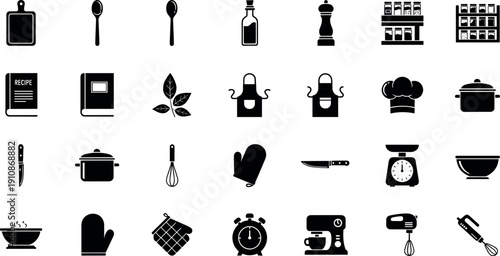 Minimal black kitchen and cooking icon set including utensils appliances recipe book chef pot mixer and baking tools