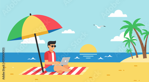 A colorful vector illustration of a person working on a laptop on a beach under a sun umbrella, with palm trees and a sunset in the background