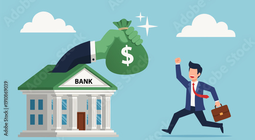 Successful Business Transaction and Financial Growth, A Vector Illustration of Money Transfer from Bank to Happy Businessman