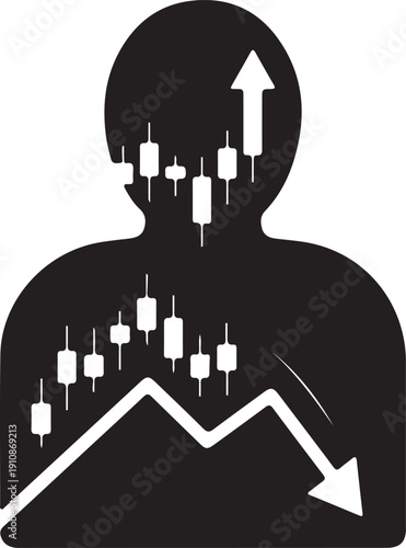 "Financial market volatility illustration showing business silhouette with candlestick chart, upward arrow, and downward arrow symbolizing bullish rise, bearish decline, investment risk, and trading a