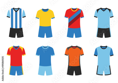 Collection of soccer jerseys and shorts vector illustration on white background, top view