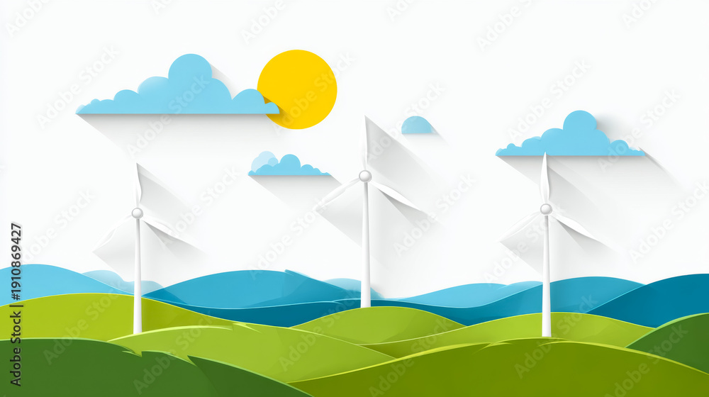 Fototapeta premium Minimalist energy concept with wind turbines in geometric landscape