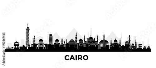 A black and white silhouette of the Cairo skyline, featuring iconic buildings and the pyramids in the background.