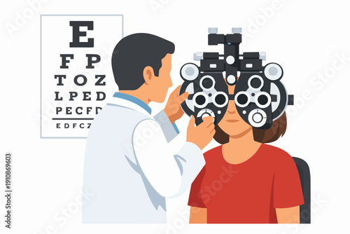 Optometrist Performing Eye Exam Flat vector illustration of an optometrist examining a patient’s eyes using a phoropter machine. Eye chart visible in background. Clean flat vector style, solid colors,