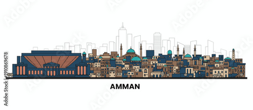 A detailed illustration of the Amman skyline, featuring a prominent building on the left and a cluster of traditional structures with domes and minarets in the center.