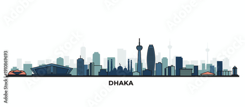 A panoramic illustration of the Dhaka skyline, featuring various modern buildings and landmarks against a white background.