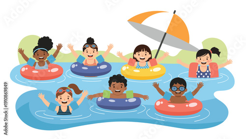Happy and diverse group of children with floaties and armbands, having fun together in a swimming pool during summer vacation.