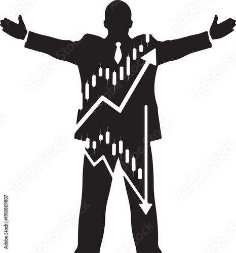 "Financial market volatility illustration showing business silhouette with candlestick chart and upward and downward arrows symbolizing bullish and bearish trends, investment risks, and economic analy