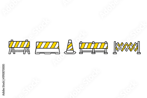 Five different types of yellow and black striped road construction barriers and a traffic cone are shown as flat icons on a black background for safety and traffic management.