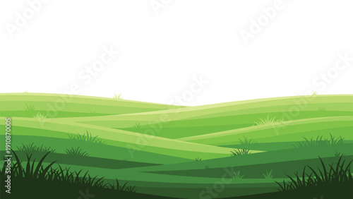 Serene vector landscape illustration of rolling green hills and grassy fields under a clear white sky, perfect for backgrounds.