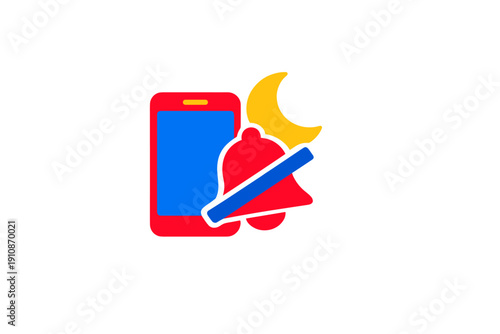 A flat illustration of a red smartphone with a blue screen next to a yellow crescent moon and a muted red bell icon, representing do not disturb mode on a black background.