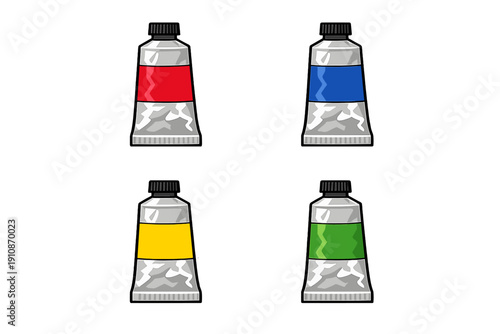 This vector graphic shows four metallic paint tubes with red, blue, yellow, and green labels. The tubes are organized in a two-by-two grid on a dark black background for artistic projects.