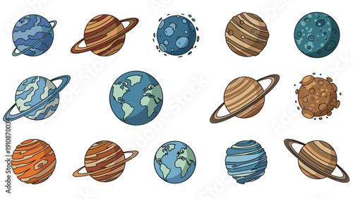 Colorful collection of various cartoon-style fantasy planets, including ringed and terrestrial worlds, for space-themed designs.
