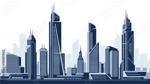 Stylized vector illustration of a futuristic city skyline with modern skyscrapers and architectural structures in monochromatic blue tones.