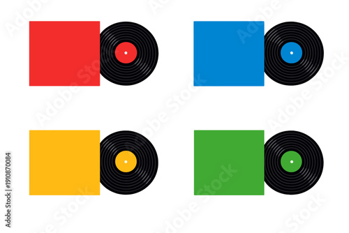 Four minimalist vinyl records with matching colored sleeves are displayed in a grid on a black background. The set includes red, blue, yellow, and green versions of the music media.