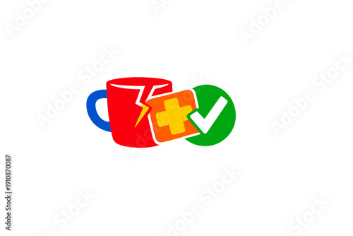 A vector illustration of a cracked red mug with a blue handle next to an orange first aid icon and a green checkmark, symbolizing successful repair on a black background.