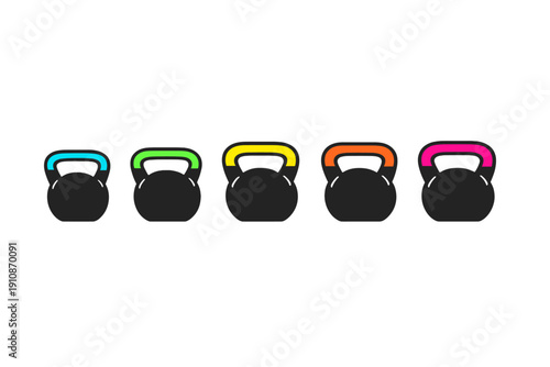Five kettlebells of different sizes and weights are lined up against a black background. Each kettlebell features a distinctively colored handle in blue, green, yellow, orange, and pink.