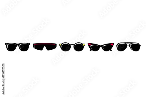 Five pairs of modern eyeglasses in various shapes and styles are arranged in a horizontal line on a black background. Each frame features a unique color accent on the top corners.