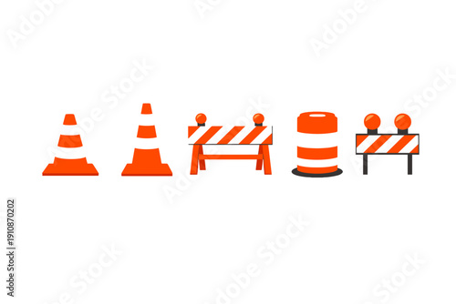 A set of five orange and white road construction safety barriers and traffic cones isolated on a black background. The collection includes cones, a barrel, and barricades with lights.
