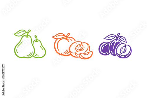 A collection of three colorful fruit icons featuring green pears, orange peaches, and purple plums on a black background. The minimalist line art style highlights the fresh produce.
