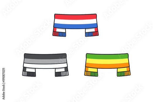 Three colorful winter scarves with fringe are displayed against a black background. The scarves feature horizontal stripes in red, white, blue, gray, green, yellow, and orange.