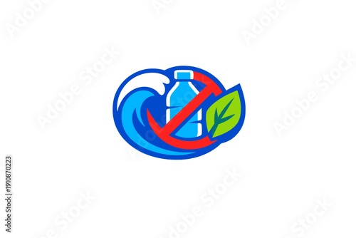 An environmental logo featuring a blue ocean wave, a plastic bottle with a red prohibition sign, and a green leaf, symbolizing the fight against plastic pollution in the sea.