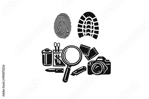 A black and white graphic illustration featuring forensic investigation tools including a magnifying glass, camera, fingerprint, shoe print, and evidence collection supplies.