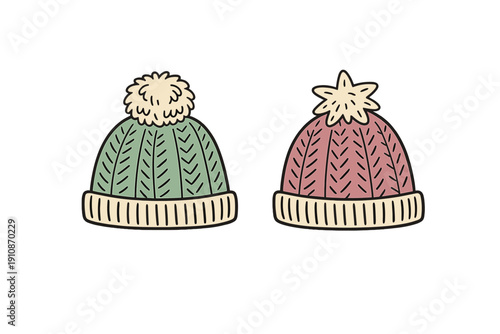 Two hand-drawn winter knit beanies with pom-poms are shown against a black background. One hat is green and the other is pink, both featuring cream-colored ribbed cuffs and patterns.