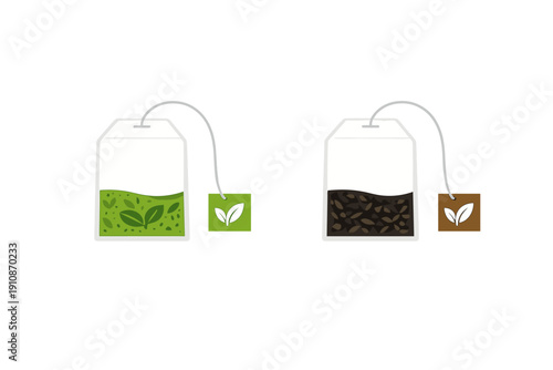 A flat vector illustration of two tea bags side by side on a black background. One bag contains green tea leaves with a green tag, and the other contains black tea leaves with a brown tag.