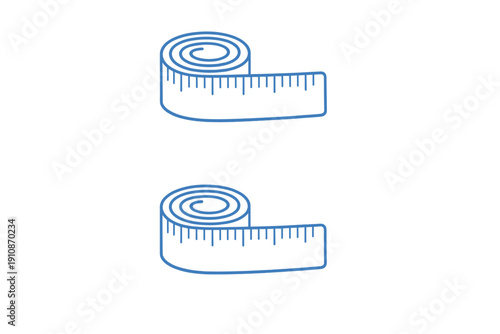 Two blue and white icons of rolled up measuring tapes are displayed vertically against a solid black background. The icons feature simple line art with markings for measurement.