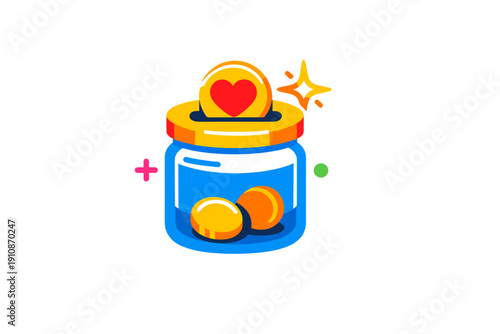 A colorful illustration of a blue donation jar with a yellow lid. A gold coin featuring a red heart is being dropped into the slot, symbolizing charity and financial support.