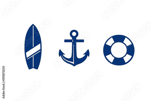 Three dark blue nautical icons including a surfboard, an anchor, and a lifebuoy are arranged horizontally against a solid black background. The design is minimalist and flat.