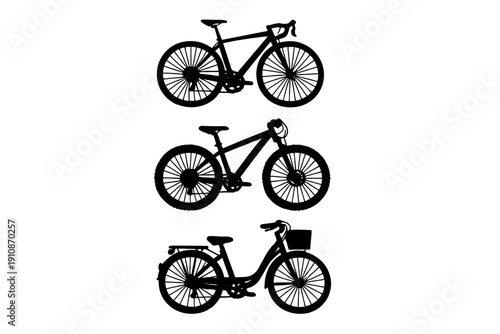Three black silhouettes of different bicycle types including a road bike, mountain bike, and city bike with a basket are arranged vertically against a solid black background.
