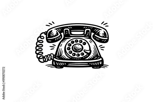 A white hand-drawn illustration of a classic vintage rotary telephone featuring a coiled cord and circular dial, set against a solid black background in a simple doodle style.