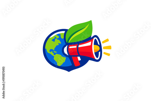 A vector illustration of a blue and green globe with a green leaf on top and a red megaphone projecting sound waves, symbolizing environmental activism and global communication.