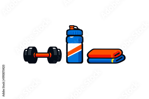 A flat vector illustration featuring a black and orange dumbbell, a blue water bottle with an orange stripe, and two folded towels in orange and blue, all set against a solid black background.